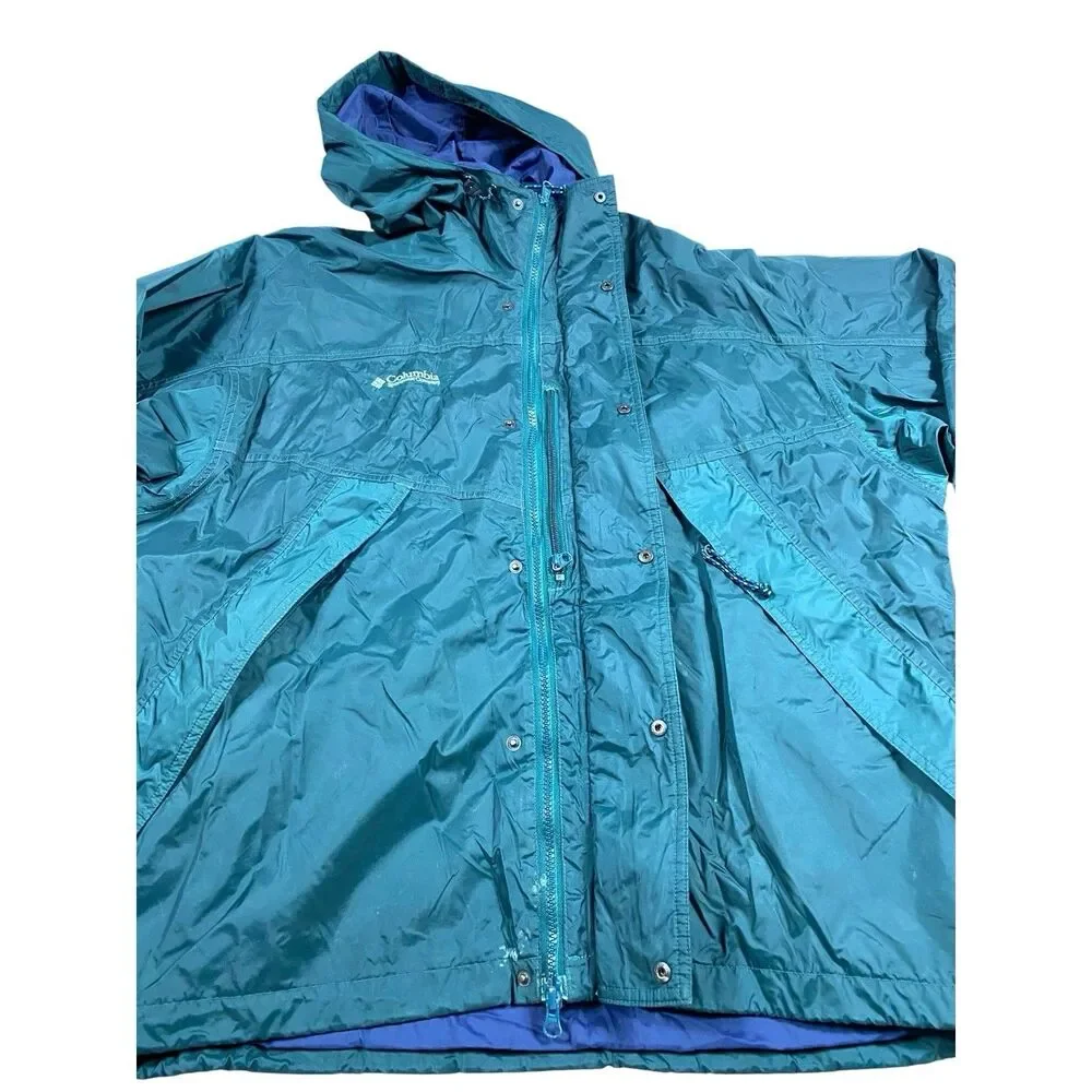 Vintage 90s Columbia Jacket Mens LARGE Green Hooded Waterproof Rain Coat